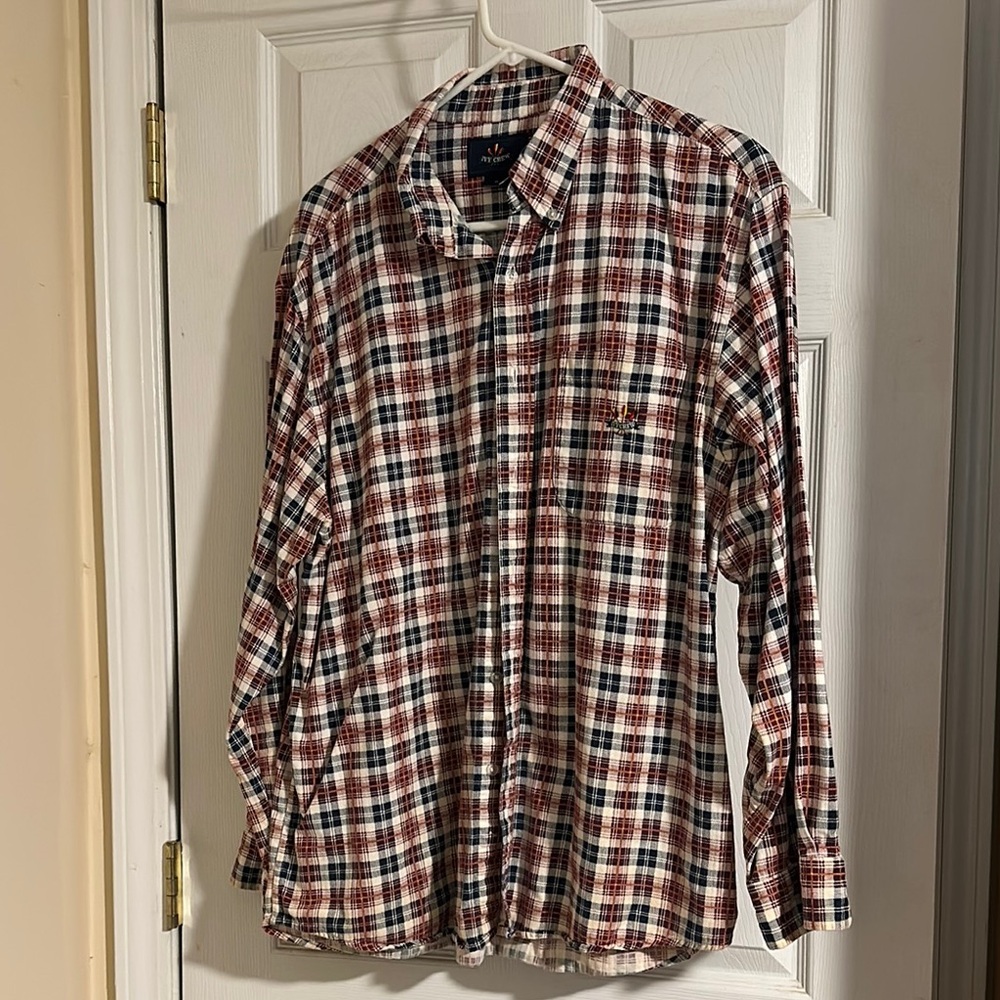 Red and Blue Casual Button Down Shirt with Plaid Design